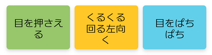 目を押さえる くるくる回る左向く 目をぱちぱち