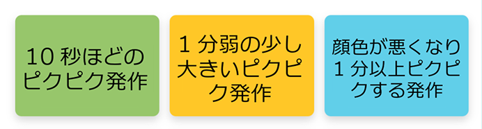 10秒ほどのピクピク発作 1分弱の少し大きいピクピク発作 顔色が悪くなり1分以上ピクピクする発作