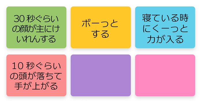 30秒ぐらいの顔が主にけいれんする ボーッとする 寝ている時にくーっと力が入る 10秒ぐらいの頭が落ちて手が上がる