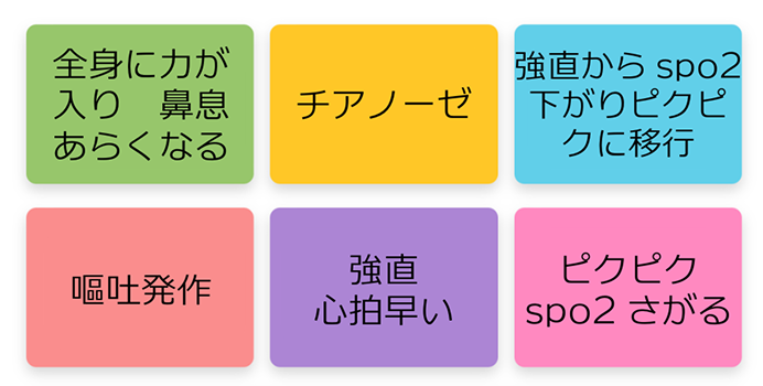 全身に力が入り 鼻息があらくなる チアノーゼ 強直からspo2下りピクピクに移行 嘔吐発作 強直心拍早い ピクピクspo2さがる